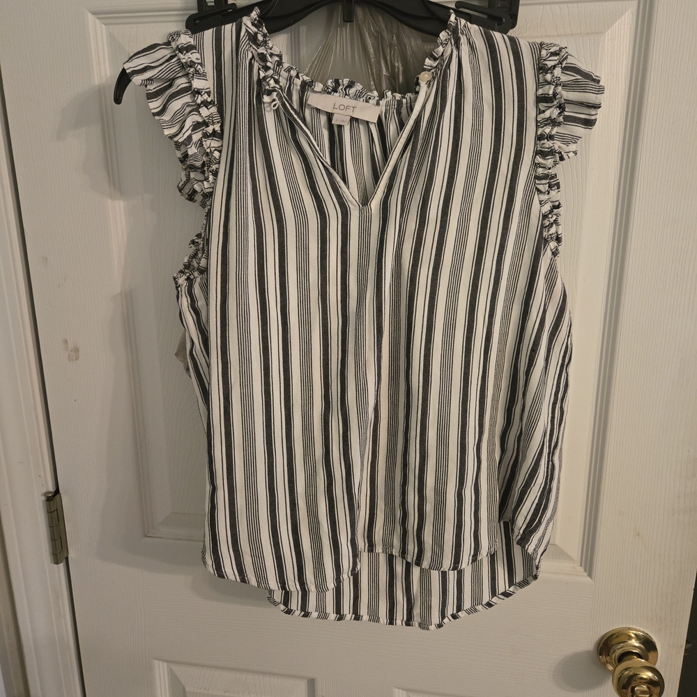 LOFT Monochrome Striped Ruffle Sleeve Blouse